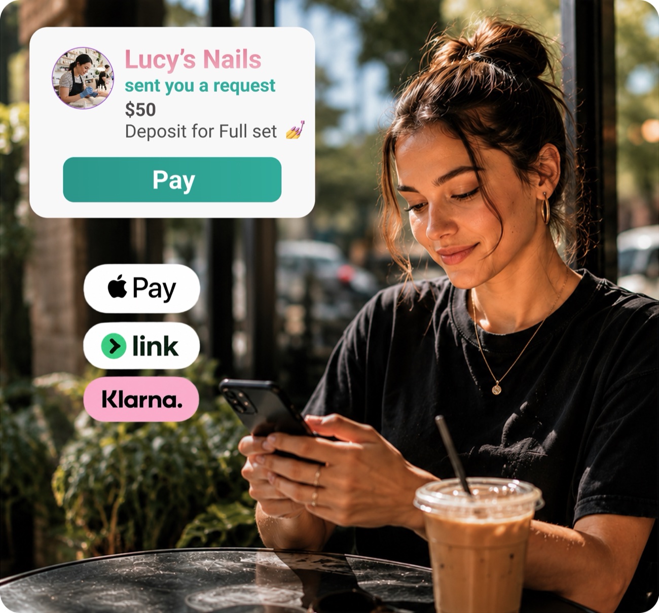 A customer at a cafe receiving a Payya payment request from Lucy's Nails on her phone, with Apple Pay, Link and Klarna payment options