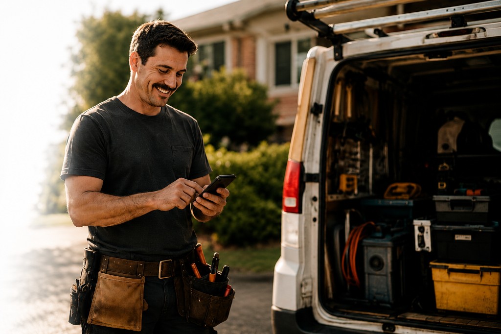 Tradesman sending a Payya from beside his work van