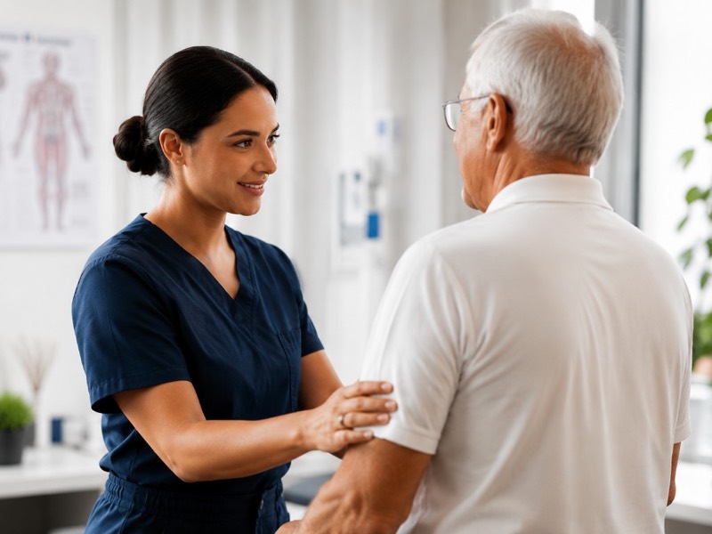 Allied health practitioner treating a patient in a clinic