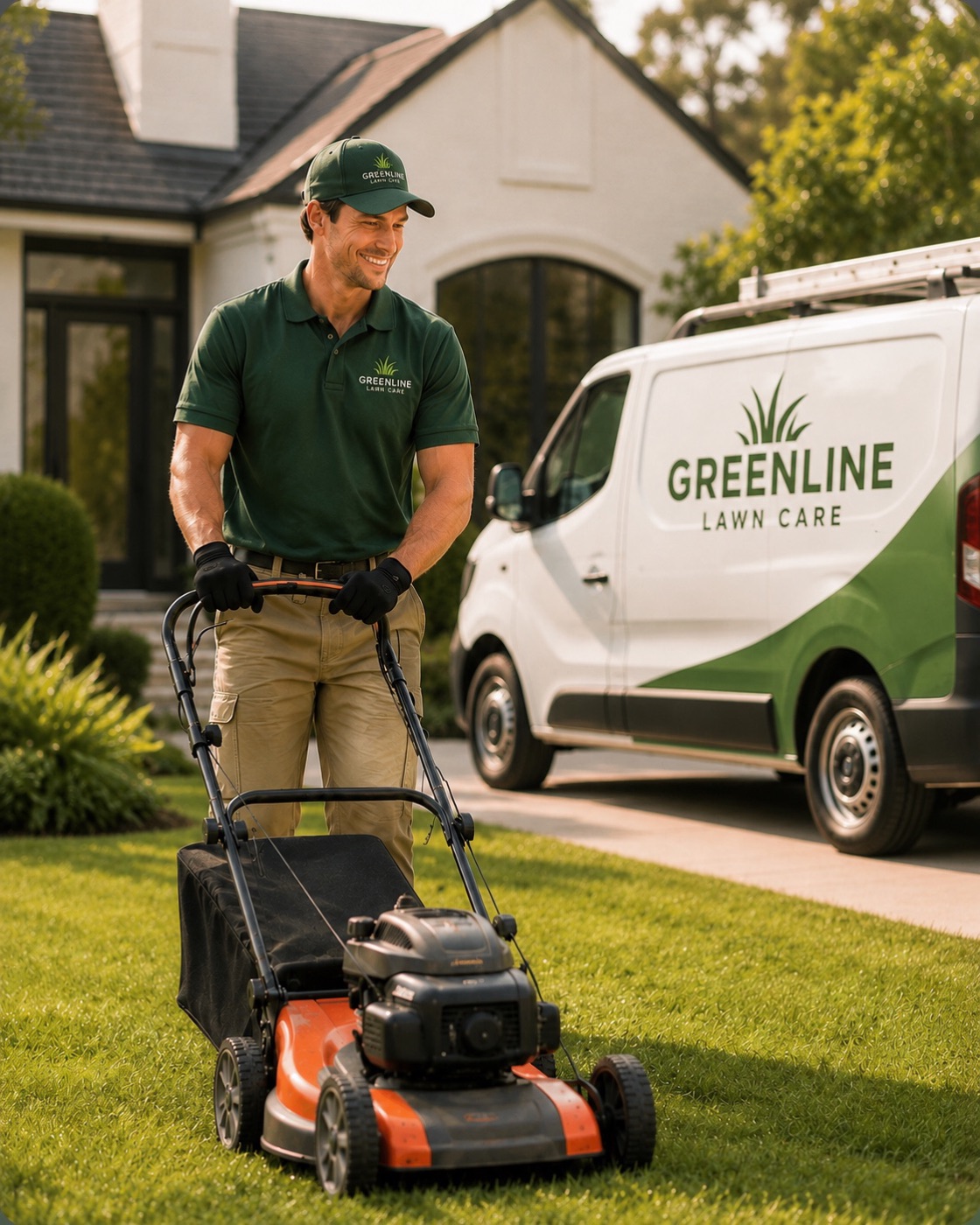 Lawn care professional mowing a lawn