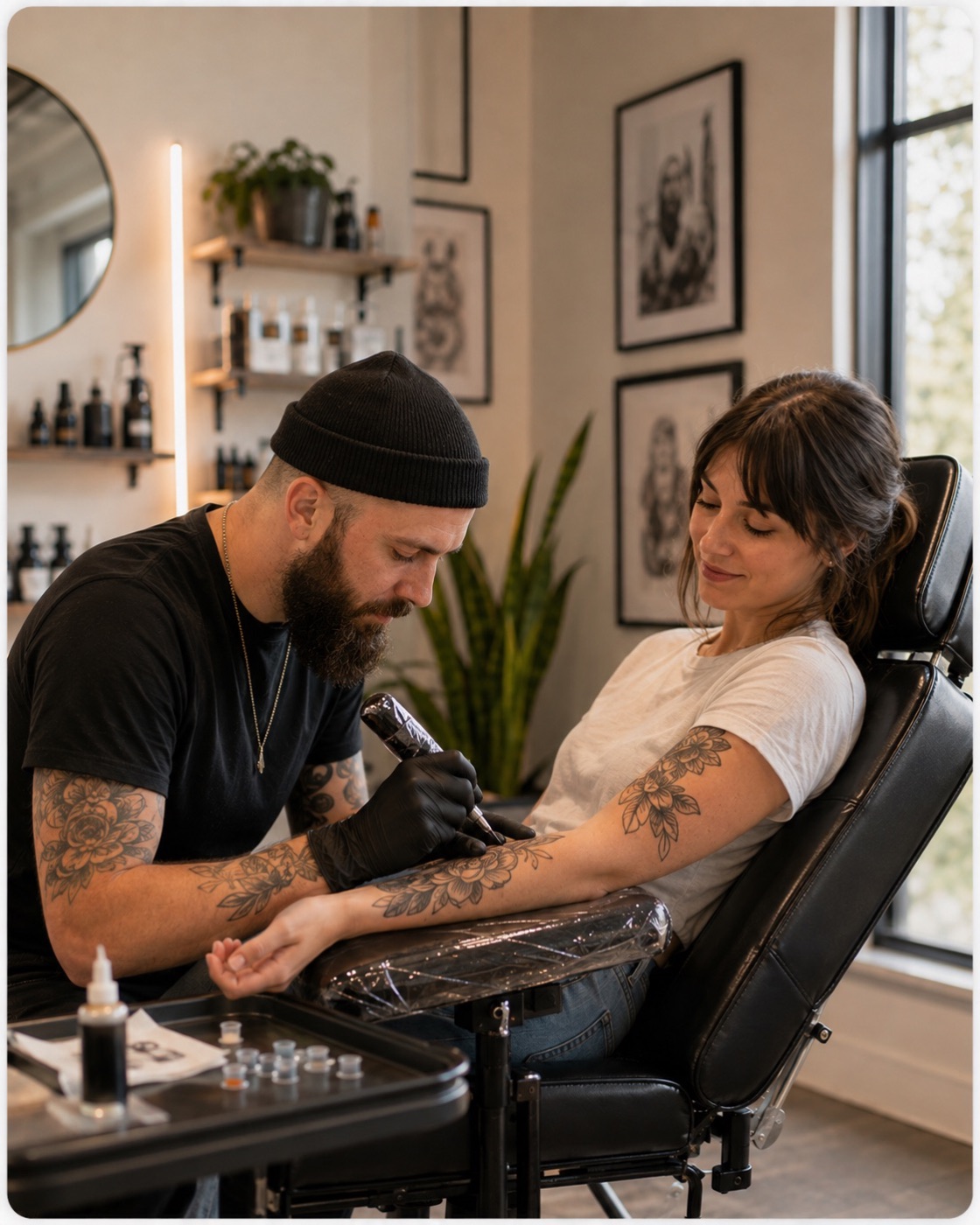 Tattoo artist working on a client in a studio