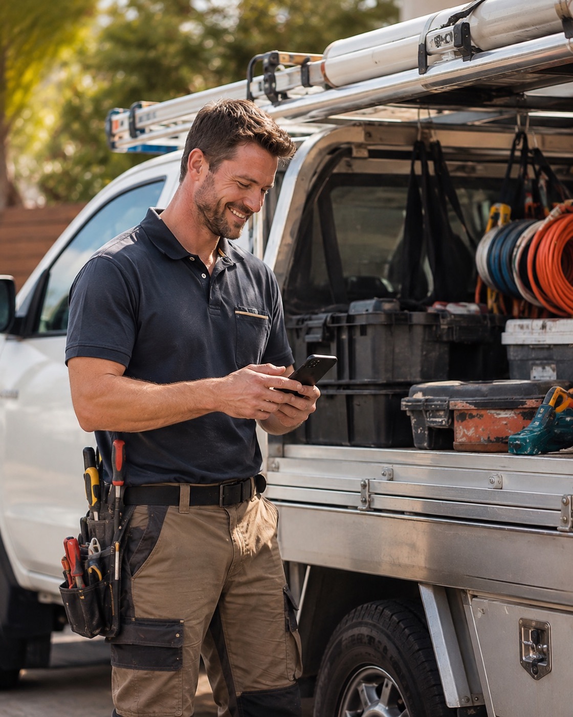 Tradesperson checking a phone beside a work van