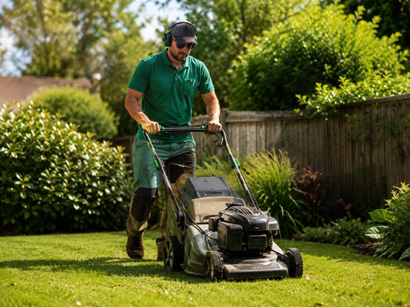 Lawn care professional mowing a backyard lawn