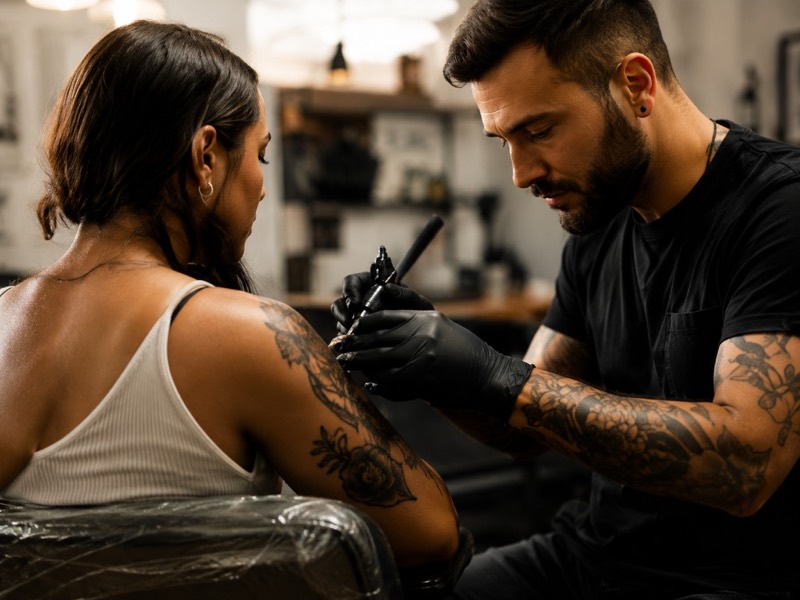 Tattoo artist working on a client's arm in a studio