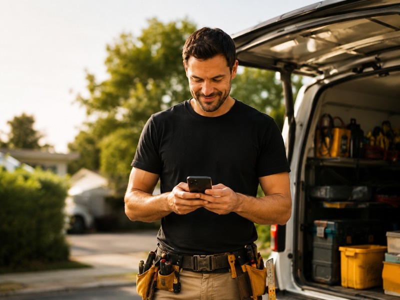 Tradesman checking his phone beside a work van