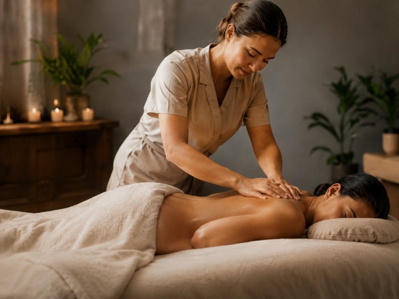 Massage therapist treating a client in a calm wellness studio