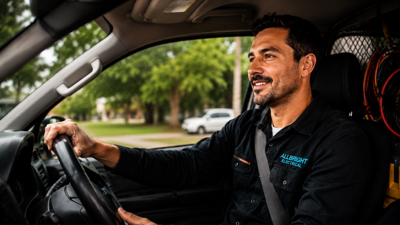Tradesperson driving their work van while sending a Payya payment request by voice